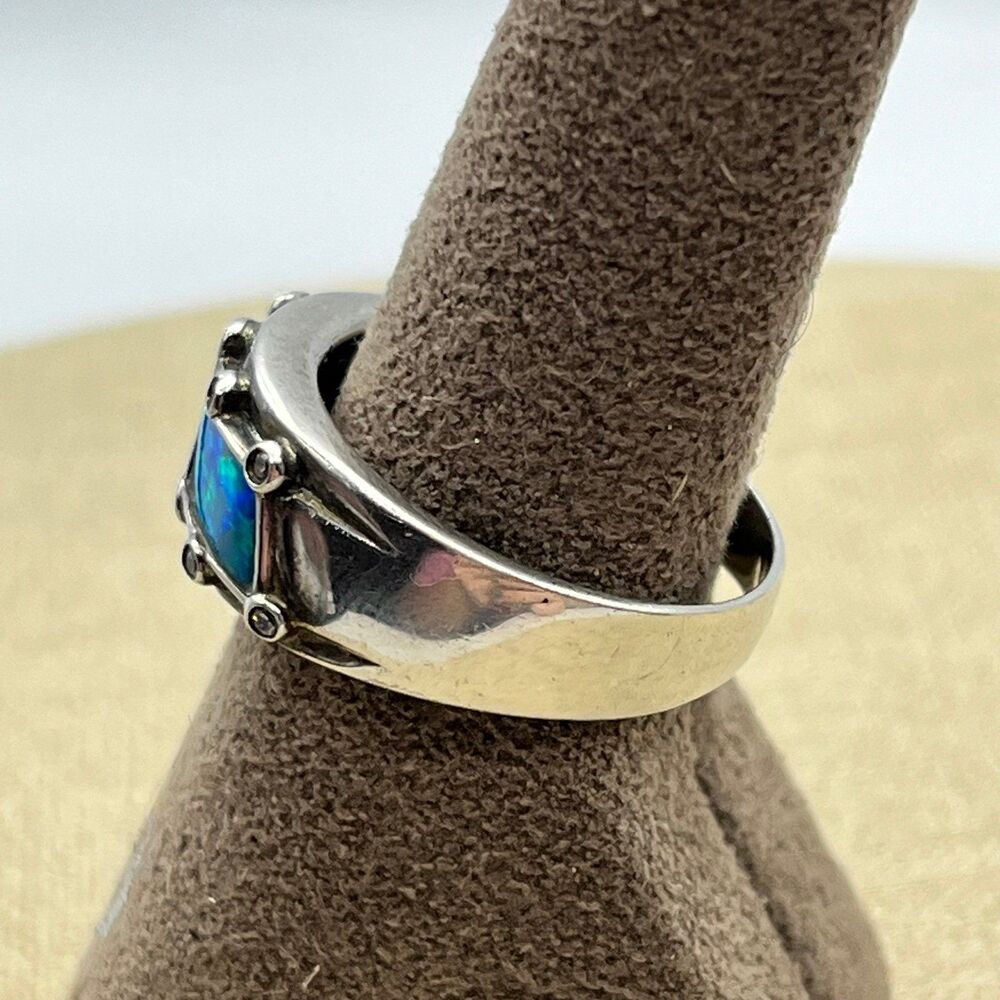 Large Sterling Silver Blue Synthetic Opal Narrow Dome Ring for Women CZ Accent - Picture 5 of 9